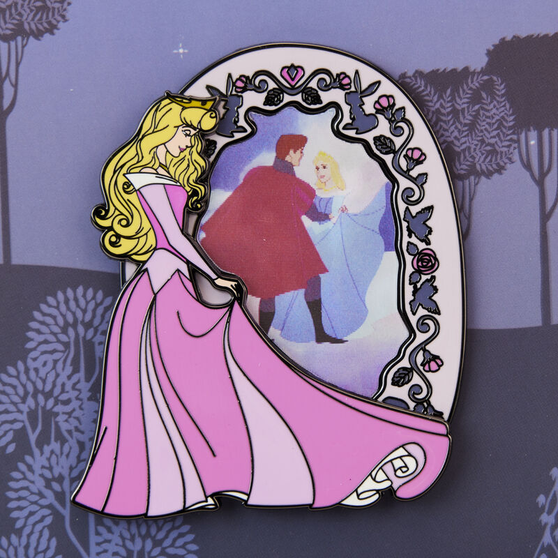 Image of our Sleeping Beauty 3" Lenticular Pin featuring Aurora in her pink dress looking into a lenticular scene of Aurora and Philip dancing